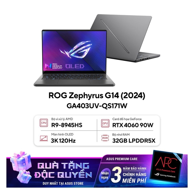 Laptop Asus Gaming ROG Zephyrus GA403UV-QS171W (Geforce RTX4060 8GB/R9 8945HS/32GB RAM/1TB SSD/14 3K/Win11/Xám/Túi)