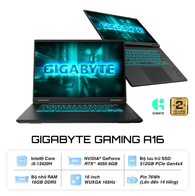 Laptop Gigabyte Gaming A16 (CMH-H2VN893SH) (i5 13420H/16GB RAM512GB SSD/RTX4050 6G/WF6E/16.0 inch FHD+ 165Hz/Win 11/Đen)