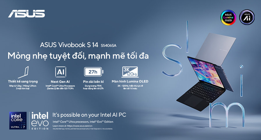 ASUS Vivobook S 14 Laptop AI chuẩn Copilot PC Với Hiệu Năng Mạnh Mẽ