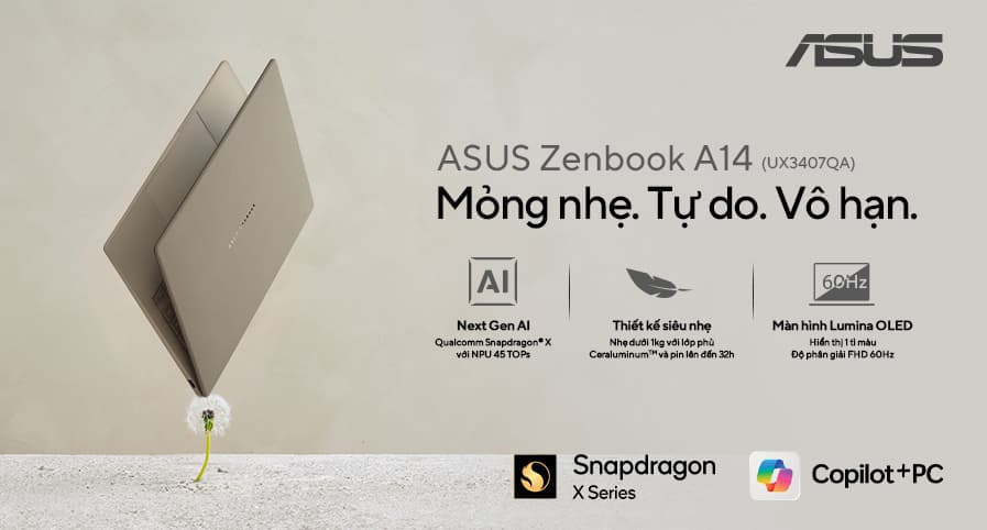 ASUS ZENBOOK A14 UX3407QA LAPTOP AI COPILOT+ SIÊU NHẸ, SIÊU BỀN, PIN TRÂU  CHUẨN MỰC MỚI CHO NGƯỜI DÙNG NĂNG ĐỘNG
