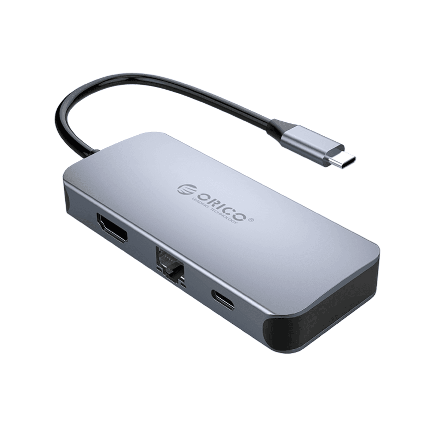 Cáp chuyển đổi 6 trong 1 Orico MC-U602P-GY (từ USB Type C sang HDMI + USB3.0*3 + RJ45 + PD3.0)