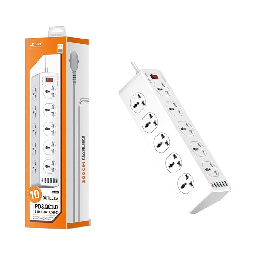 Ổ cắm điện đa năng LDNIO SC10610 - 10 chấu + 05 cổng USB-A + 01 cổng Type-C - Chuẩn chân cắm EU - Màu trắng