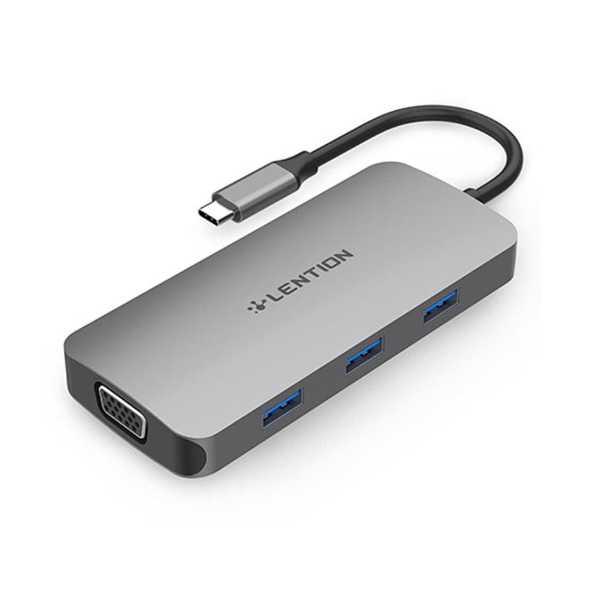 Bộ chuyển đổi Type C 8 trong 1 Lention CE55-GR, xám (USB-C ra 3 cổng USB3.0 + 1 cổng HDMI + VGA + SD &amp; Micro SD + PD3.0)