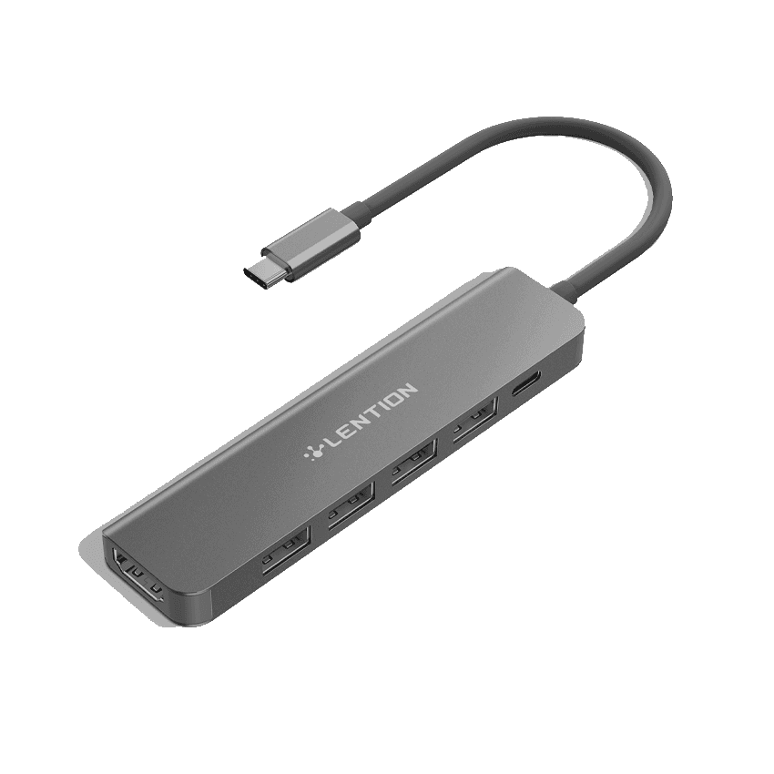 Bộ chuyển đổi Type C 6 trong 1 Lention CE17H (Type-C sang HDMI, USB 3.0, 3 USB 2.0, PD) màu xám
