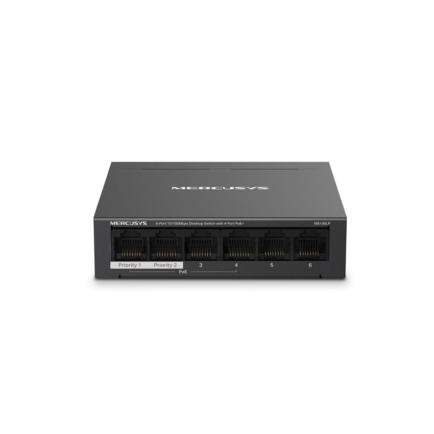 Switch Chia Mạng Mercusys MS106LP (6 cổng 10/100Mbps với 4 cổng PoE+, vỏ kim loại)