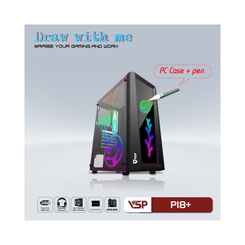 Vỏ Case VSP P18+ Black (ATX/Mid Tower/Màu Đen/Bút Vẽ)