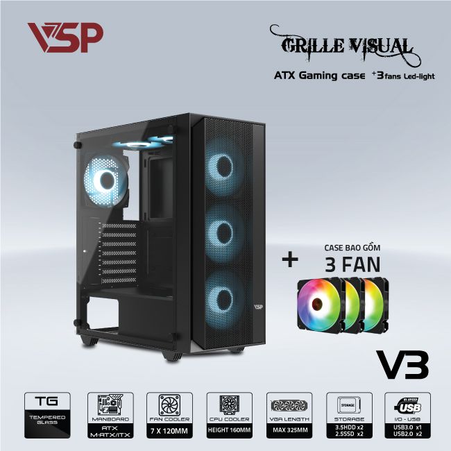Vỏ Case VSP GAMING V3 - ĐEN (ATX/Mid Tower)
