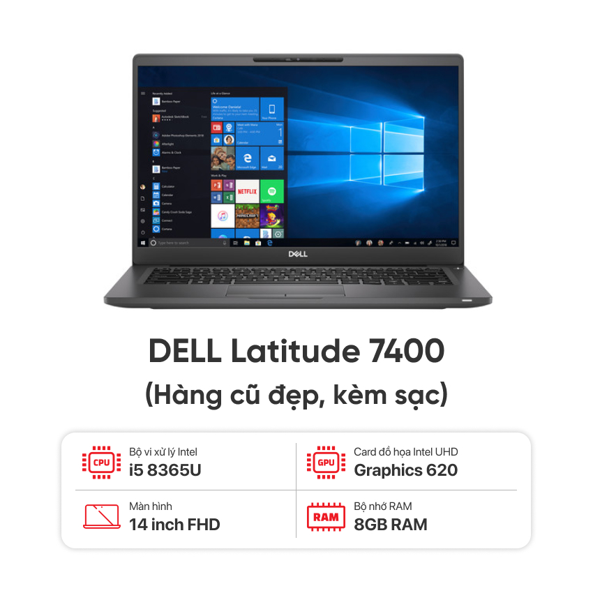 Laptop DELL Latitude 7400 / I5 8365U / 8GB RAM / 256GB SSD / Màn 14 inch FHD / Vỏ CARBON / Kèm sạc - Hàng cũ đẹp