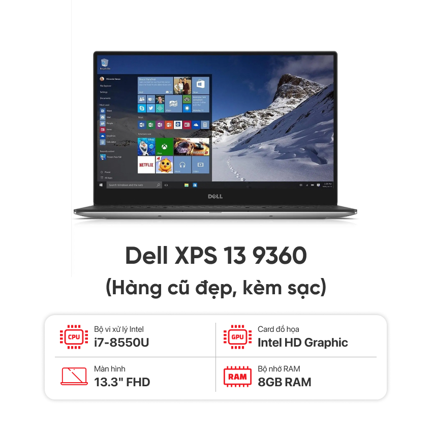 Laptop Dell XPS 13 9360 / I7-8550U / 8GB RAM / 256GB SSD / Màn 13.3 inch FHD / Kèm sạc - Hàng cũ đẹp