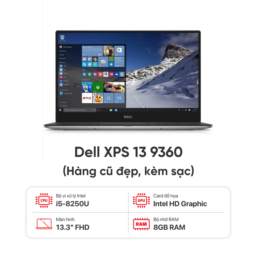 Laptop Dell XPS 13 9360 / I5-8250U / 8GB RAM / 256GB SSD / Màn 13.3 inch FHD / Kèm sạc - Hàng cũ đẹp